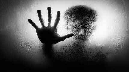 Silhouette of a person pressing hand against frosted glass in dramatic light, creating a mysterious eerie atmosphere.