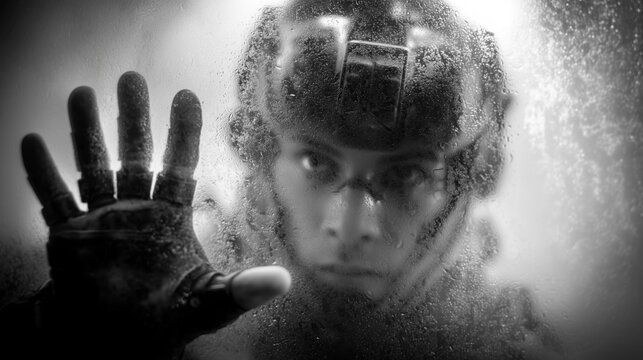 Person in futuristic helmet touches foggy glass, seen through condensation, evoking mystery and isolation.