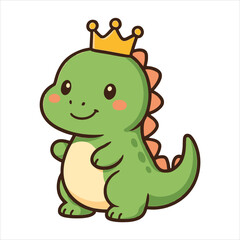 Cartoon Green Dinosaur with Golden Crown and Rosy Cheeks Smiling.