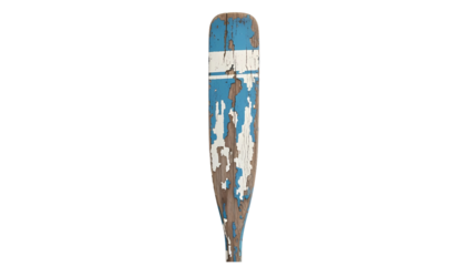 Distressed wooden boat oar with peeling blue and white paint, isolated on transparent background 