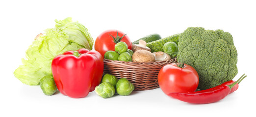 Pile of different fresh raw vegetables isolated on white