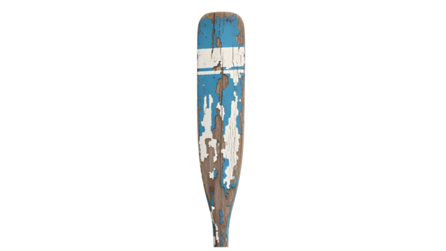 Distressed wooden boat oar with peeling blue and white paint, isolated on transparent background 