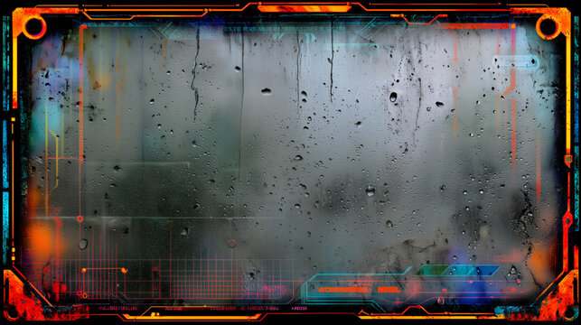 Futuristic sci-fi user interface on a wet glass screen with raindrops and glowing neon HUD elements in tech style.