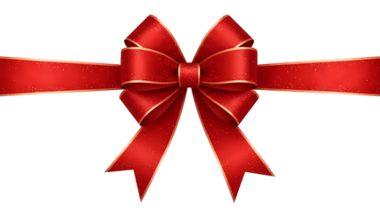 Festive red ribbon bow with golden edges and horizontal ties isolated on transparent background
