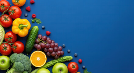 Vibrant Assortment of Fresh Fruits and Vegetables Artfully Arranged on a Deep Blue Background with Copy Space.
