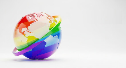 A vibrant minimalist globe design featuring a rainbow-colored overlay, powerfully symbolizing global diversity, inclusion, and unity on a clean white background.