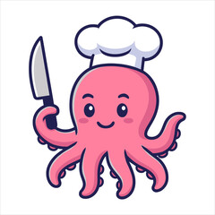 Cartoon Pink Octopus Chef with Chefs Hat and Knife Smiling Expression.