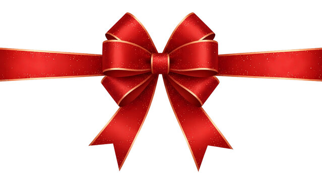 Festive red ribbon bow with golden edges and horizontal ties isolated on transparent background 