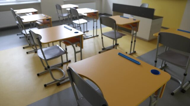 Stylish classroom with desks and chairs at school, closeup