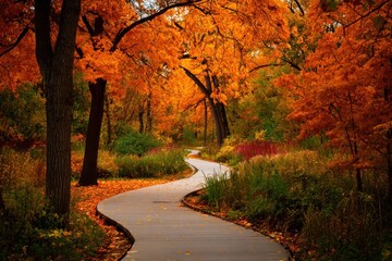 Obraz premium Winding path through a park ablaze with autumn colors.