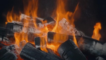 Close-up of burning charcoal with glowing embers and vibrant orange flames - Powered by Adobe