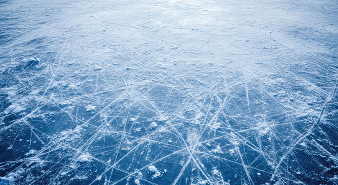 Dynamic blue ice rink texture full of intricate skate marks, suggesting intense ice hockey and figure skating activity.