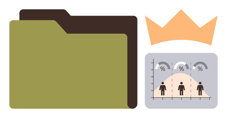 Folder icon with crown symbol for importance and graph depicting data analysis. Ideal for management, priority, analytics, data storage, statistics, planning, organization. Simple flat metaphor