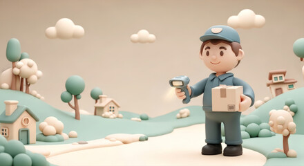 Cheerful 3D clay-style delivery driver scans package barcode in whimsical pastel world, offering ample central space for text.