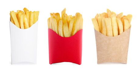 Tasty French fries in paper takeout containers isolated on white, set