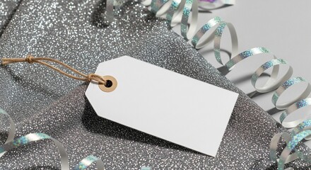 Blank Gift Tag on Silver Fabric, Ideal for Mockups and Personalization