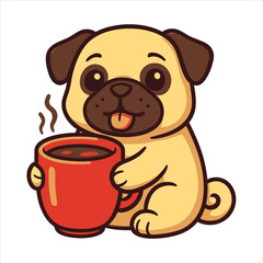 Cheerful Pug Dog Enjoying Coffee Holding a Red Mug with Steam.