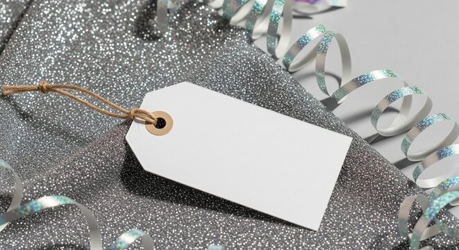 Blank Gift Tag on Silver Fabric, Ideal for Mockups and Personalization