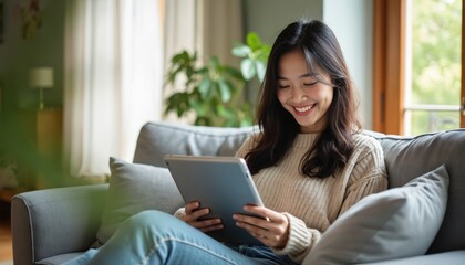 Naklejka premium Young Asian woman smiles while holding tablet on sofa. She uses digital device for work, leisure or study at home. Peaceful indoor scene with natural light and plants.