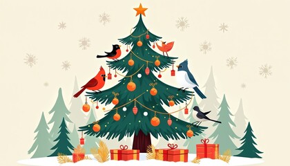 Obraz premium Birds perch on decorated Christmas tree branches amidst snowfall. Festive holiday scene with ornaments, gifts, and pine trees. Winter celebration graphic with woodland animals.