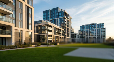Modern multi-story apartment complex bathed in warm golden sunlight, showcasing sleek architectural design, glass balconies, and lush green lawns.