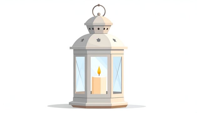 A white lantern with glass panels and a lit candle. It has a ring for carrying - Powered by Adobe