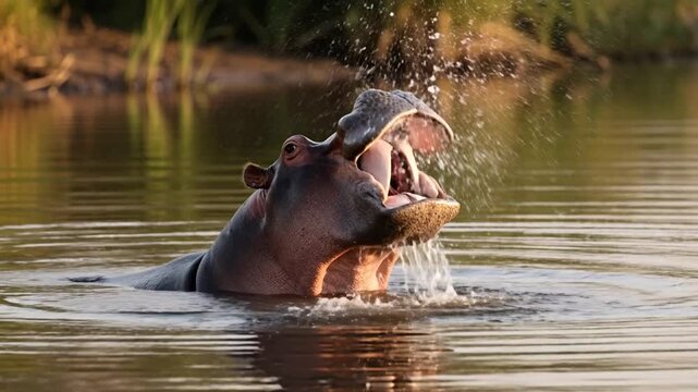 Hippo emerges from a tranquil lake, revealing its powerful presence and massive jaws