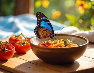 A vibrant butterfly with blue & orange wings rests on a bowl of colorful chopped vegetables, near fresh red tomatoes