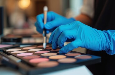 Person in blue nitrile gloves selects makeup shades from a palette with a brush. Artist prepares cosmetic colors for client application in beauty salon. Skillful hands choose pigments for makeover.