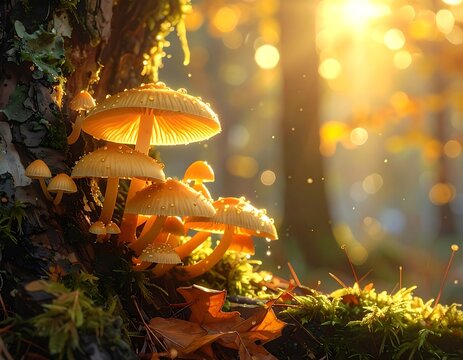 Illuminated mushrooms cluster on a mossy tree trunk, bathed in sunlight filtering through a golden forest canopy