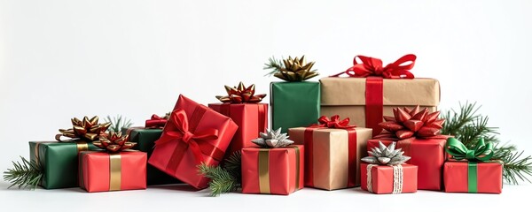 Assortment of wrapped Christmas presents arranged on white background. Various sizes, colors including red green brown create festive collection. Presents decorated with ribbons bows pine branches