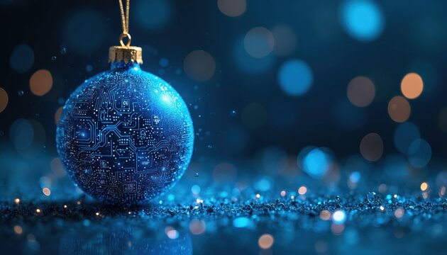 Blue Christmas ball with integrated circuit pattern hangs in digital space. Holiday greeting card with futuristic tech theme. Season celebrate connection, data, and innovation. - Powered by Adobe