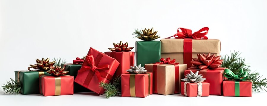 Assortment of wrapped Christmas presents arranged on white background. Various sizes, colors including red green brown create festive collection. Presents decorated with ribbons bows pine branches