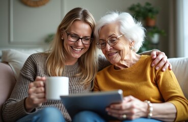 Happy senior woman, younger daughter use tablet at home. Sit on couch, smile, drink tea. Family bonds over modern tech, enjoying leisure time. Generational connection on digital device. Two women