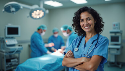 Smiling confident female surgeon stands in operating room. Medical team performs surgery behind her. Hospital staff in blue scrubs prepares patient for operation.