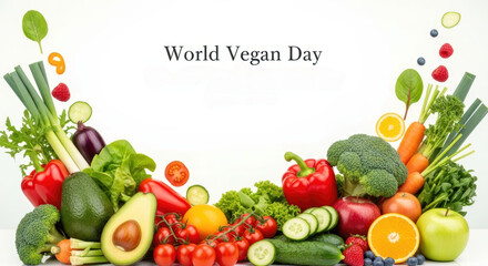 An abundant, colorful arrangement of fresh, healthy fruits and vegetables for World Vegan Day, framing a central white copy space.