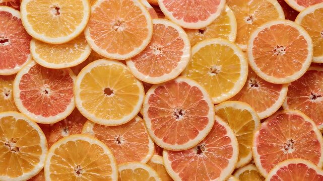 Sliced citrus fruits, oranges and grapefruit, are arranged in a close-up, top-down, flat lay composition