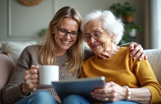 Happy senior woman, younger daughter use tablet at home. Sit on couch, smile, drink tea. Family bonds over modern tech, enjoying leisure time. Generational connection on digital device. Two women
