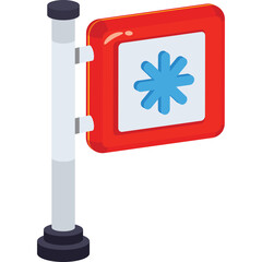 Red Square Sign With Blue Snowflake Icon Mounted On A Gray Pole Against A Transparent Background In A Side View Perspective