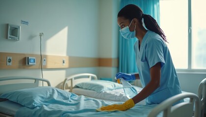 Black nurse wearing mask cleans hospital bed. Sanitizes room with spray, following medical hygiene protocols. Sterilization of clinic ensures patient safety. Care worker maintains clean environment.