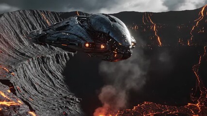 A futuristic spaceship hovers above a glowing lava flow, surrounded by dramatic volcanic terrain and billowing smoke, set against a moody, cloud-filled sky - Powered by Adobe