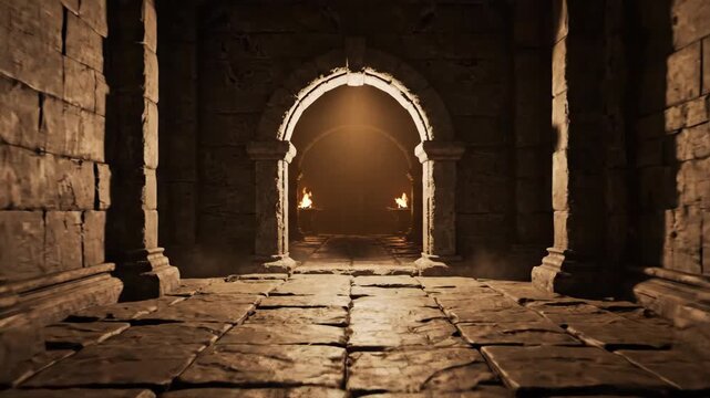 4k resolution image of a stone archway entrance with flickering torches in a dark, ancient dungeon with rough stone textures and cinematic lighting creating a