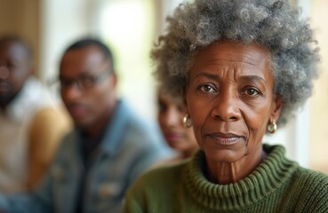 Serious african american elder woman with diverse friends in soft focus background. Represents connection, intergenerational bonds, and caregiving. Focus on aged individual and community.