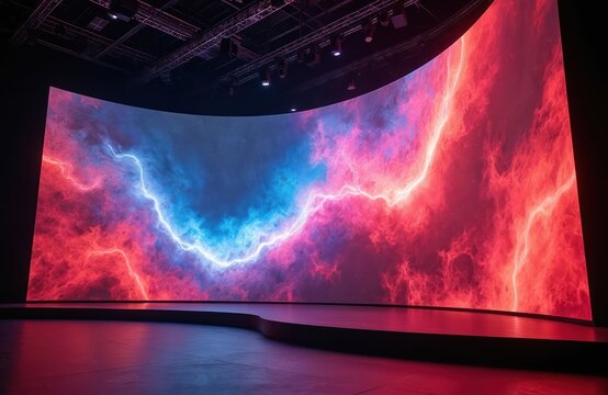 Large curved LED screen displays vibrant abstract background with red, blue clouds, lightning. Stage setup for event performance. Modern digital display technology. Empty stage with dark floor, metal - Powered by Adobe