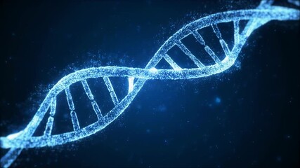 Glowing DNA double helix rotates in blue light against dark background, showcasing intricate details of molecular genetics and biology, evoking curiosity and wonder in science and technology - Powered by Adobe