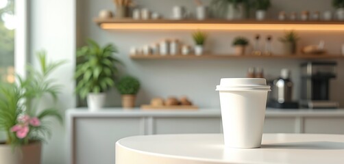 White paper cup rests on clean tabletop. Background shows cafe interior with plants, shelves with jars, and coffee machine. Soft light creates cozy atmosphere, ideal for morning coffee or quick drink.
