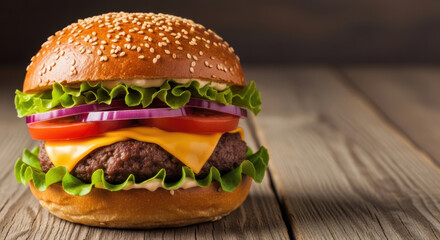Close up of a classic homemade beef burger with fresh vegetables and melted cheese on a rustic wooden table, studio shot with copy space.
