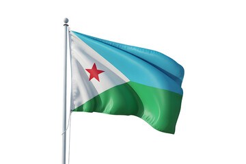 Waving Djibouti flag on flagpole against bright white, symbolizing national pride and international representation for global projects.