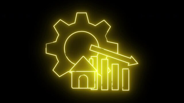 Glowing yellow neon outline of a cog graph house and arrow on a black background