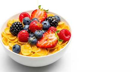 Delicious American breakfast golden cornflakes with fresh mixed berries and drizzled honey in a white bowl, ample copy space.